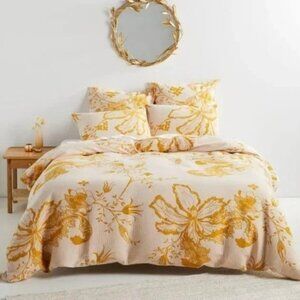 Anthropologie Jacquard Woven Porte Bonheur Twin Duvet Cover Gold Yellow Blooms